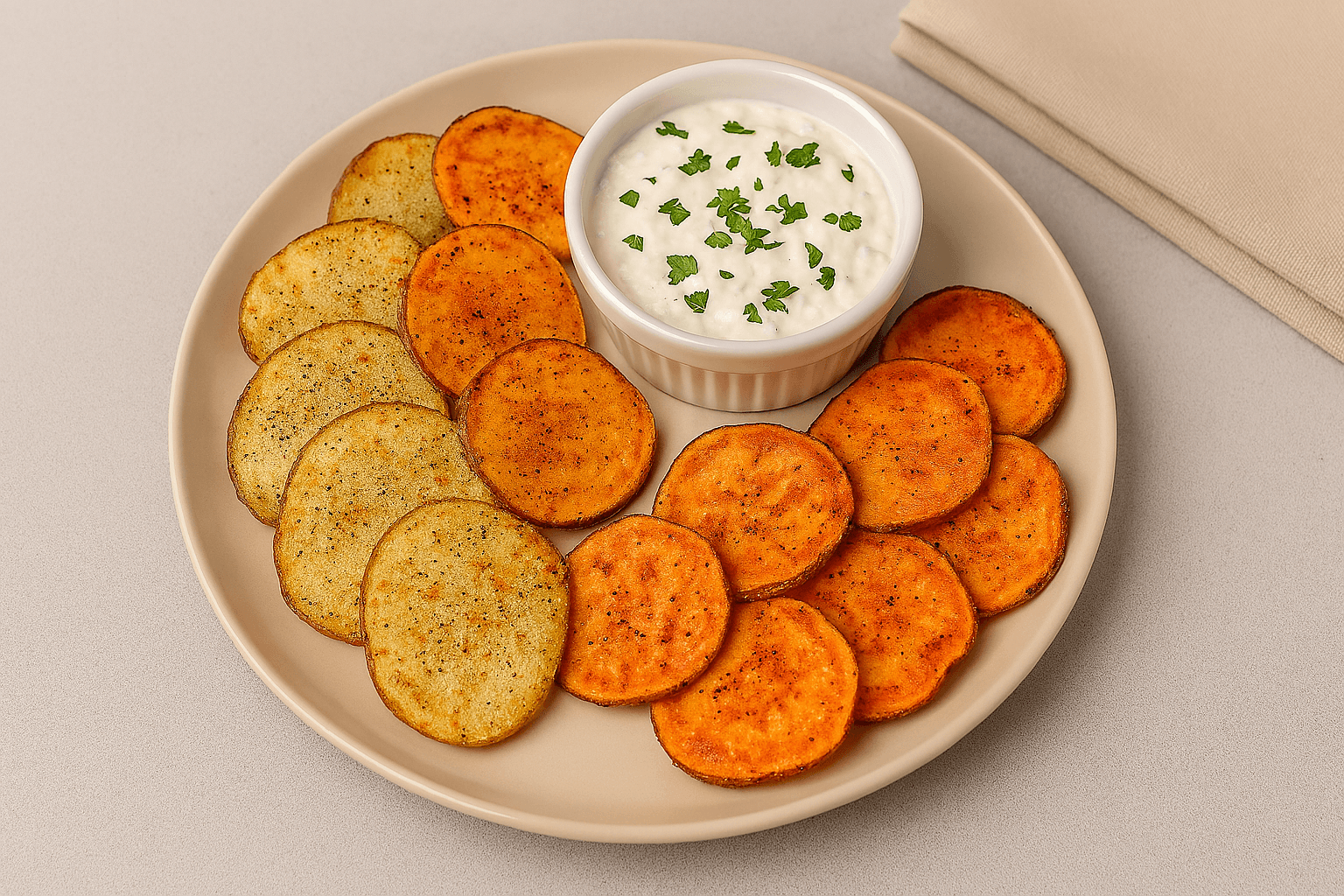 Chips de Papa y Camote al Horno, con Salsa de Ajo