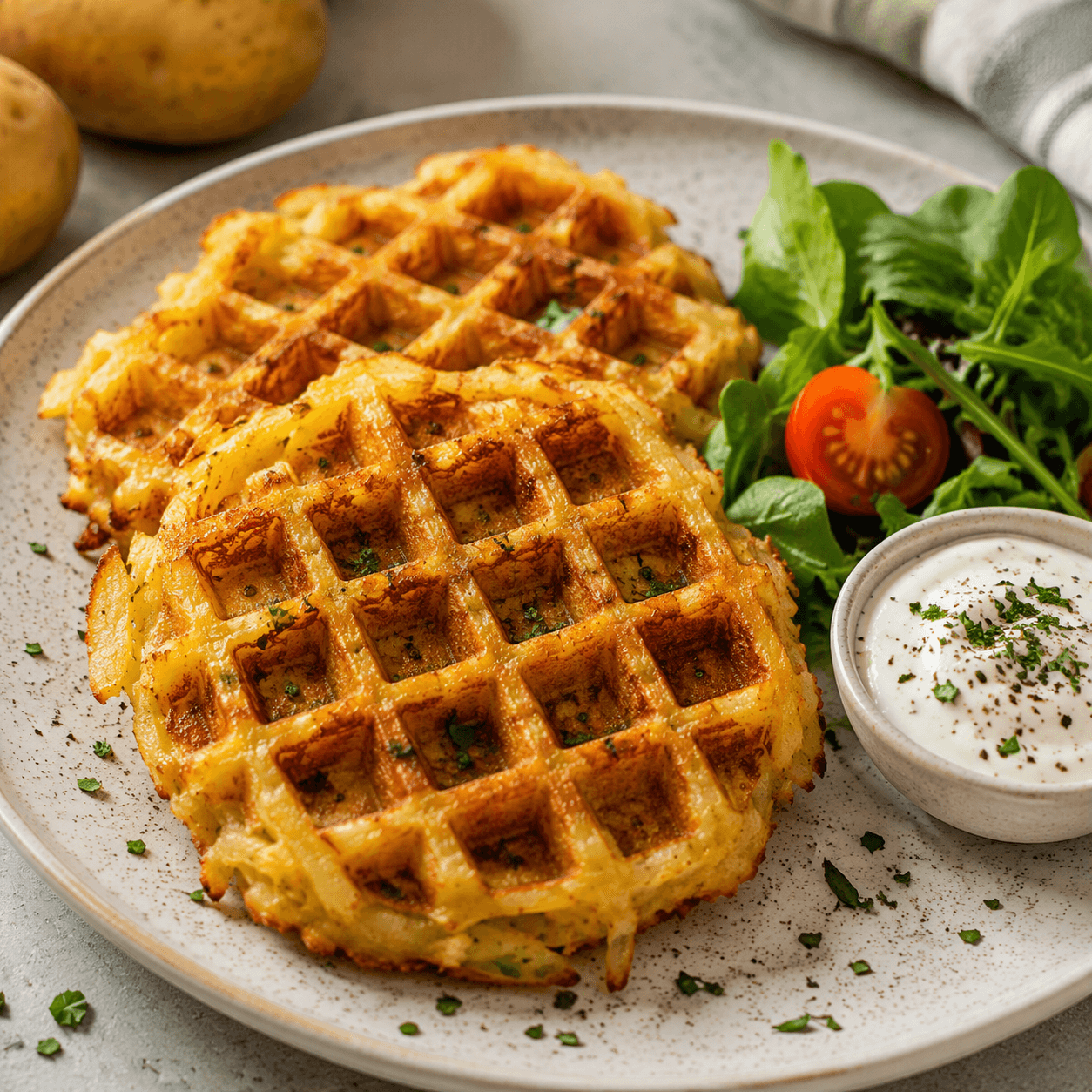 🥔✨ Waffles de Papa con Salsa de Yogur