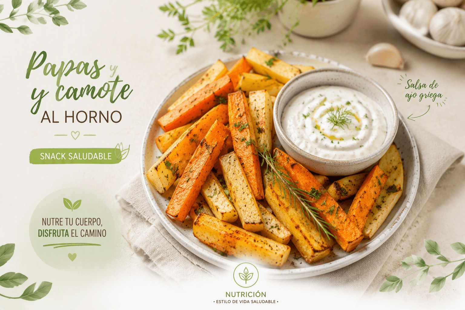 Chips de Papa y Camote al Horno, con Salsa de Ajo Griega