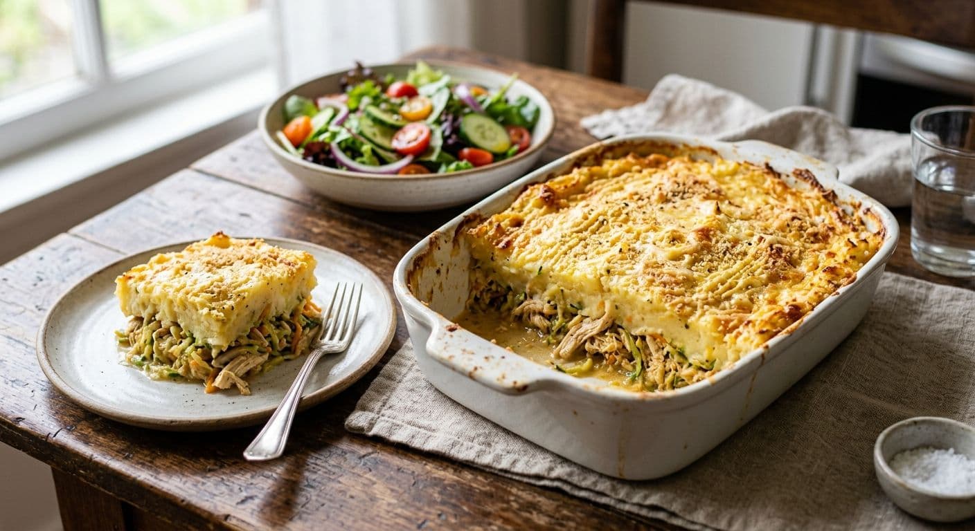 Pastel de Puré de Papas con Pollo y Zapallo Italiano: Un Almuerzo Reconfortante y Proteico