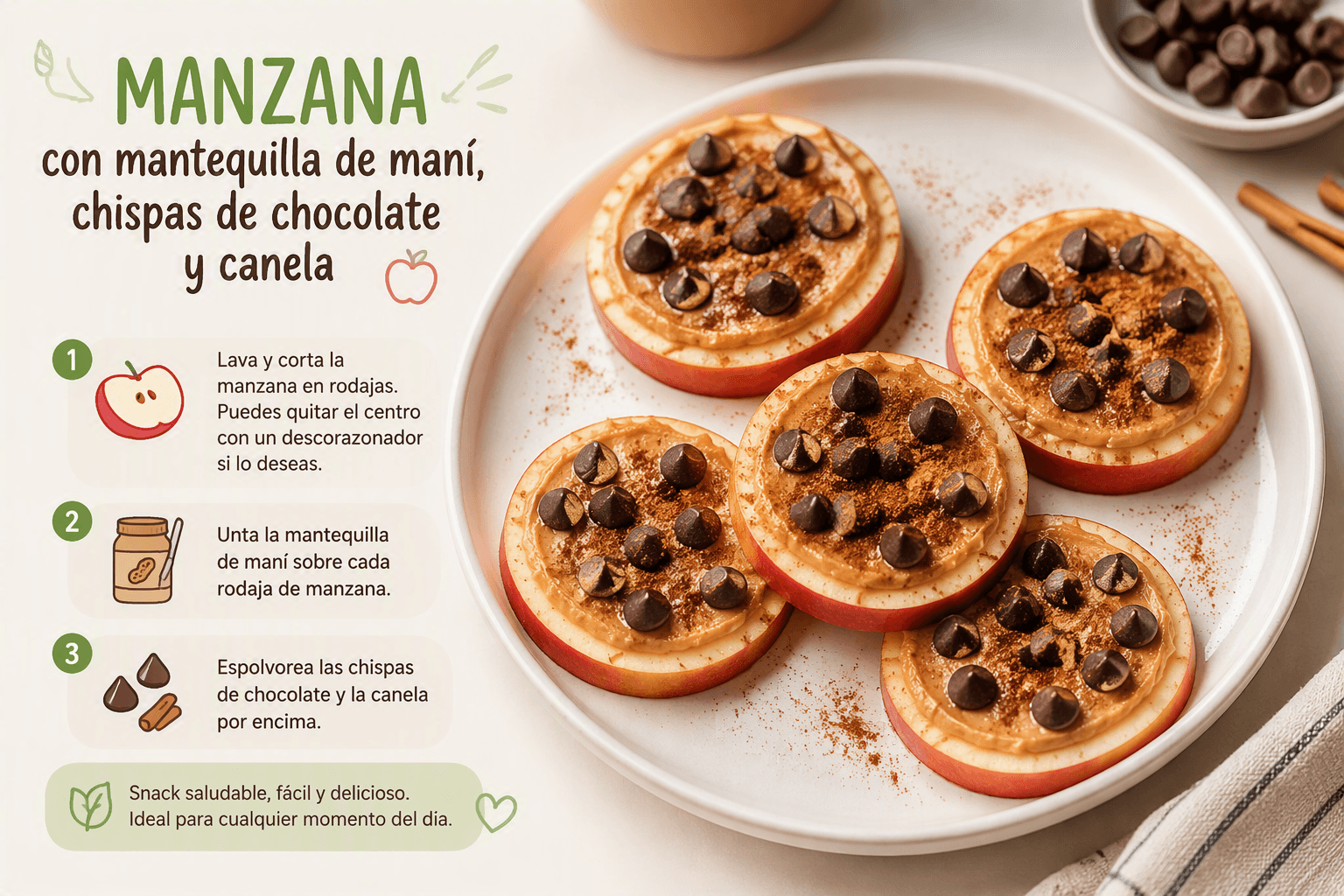 Manzana con Mantequilla de Maní y Chispas de Chocolate